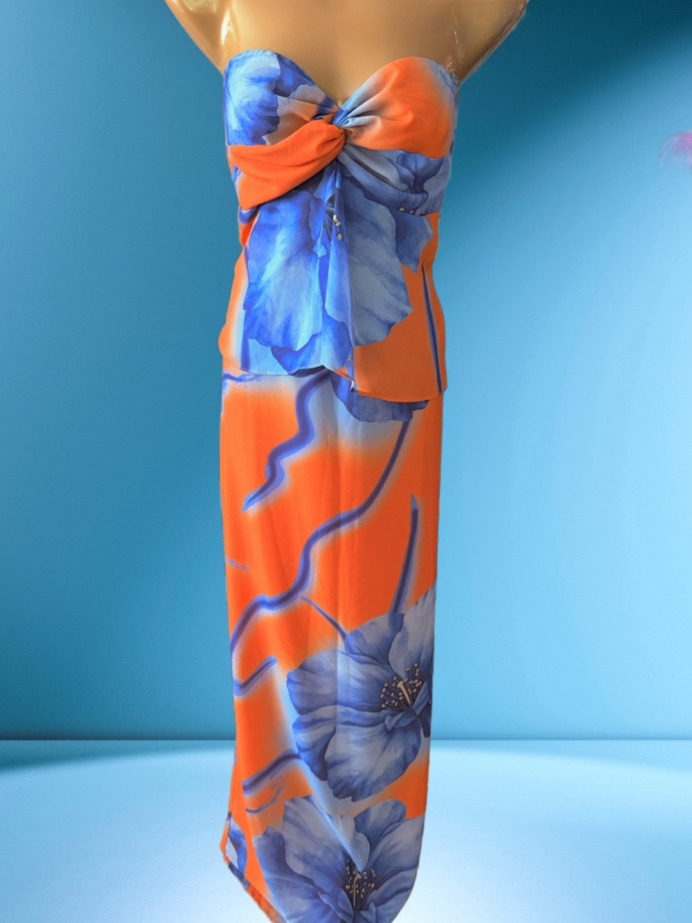 2 Pc Maxi Dress Skirt & Top Tropical Orange & Blue Floral Fashion Nova Size L
